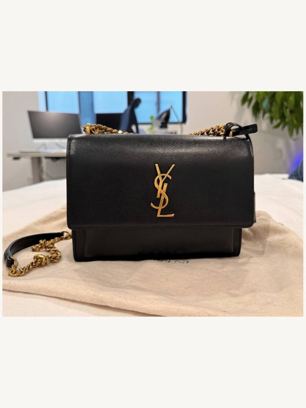Yves Saint Laurent Sunset Medium Black Smooth Leather Gold Chain Bag